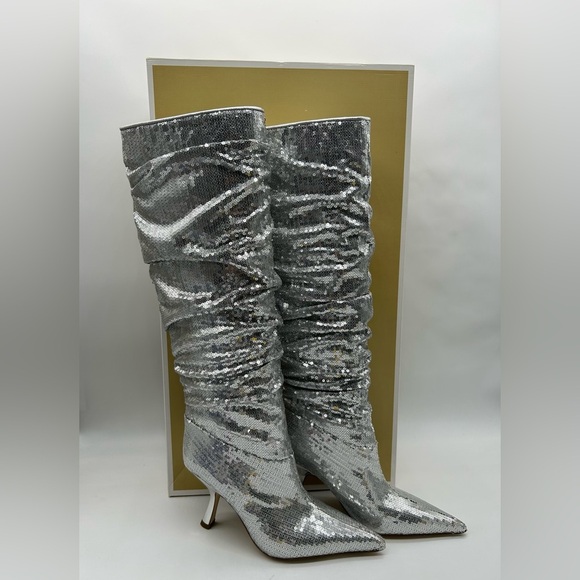 Michael Kors Luna Sequin Boots Silver Pointed Toe Slouchy Heels Women’s 8M NIB - Picture 14 of 15